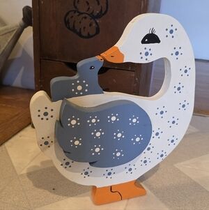 Hand-Painted White & Blue Wooden Duck Goose Door Stopper